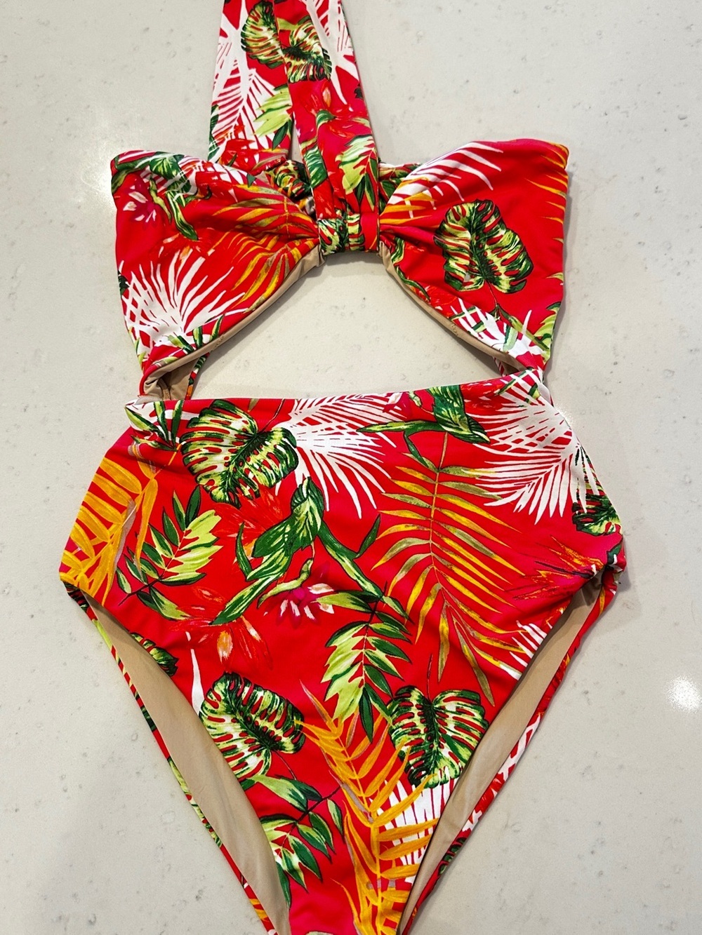 Dolce Vita Tropical Red One Piece Swimsuit One Shoulder Tie Back Cheeky XS - Picture 3 of 7